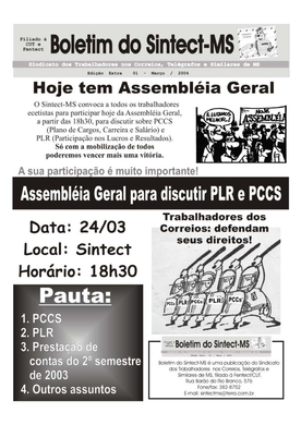 Boletim do SINTECT-MS - Edição Extra  01 - Março Ano 2004